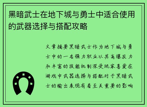黑暗武士在地下城与勇士中适合使用的武器选择与搭配攻略